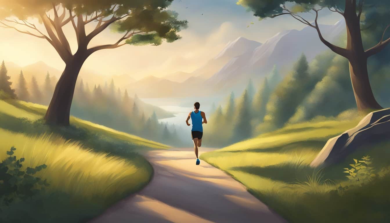 A runner is building their base run, focusing on steady pace and form. The scenery includes a clear path, trees, and a serene atmosphere