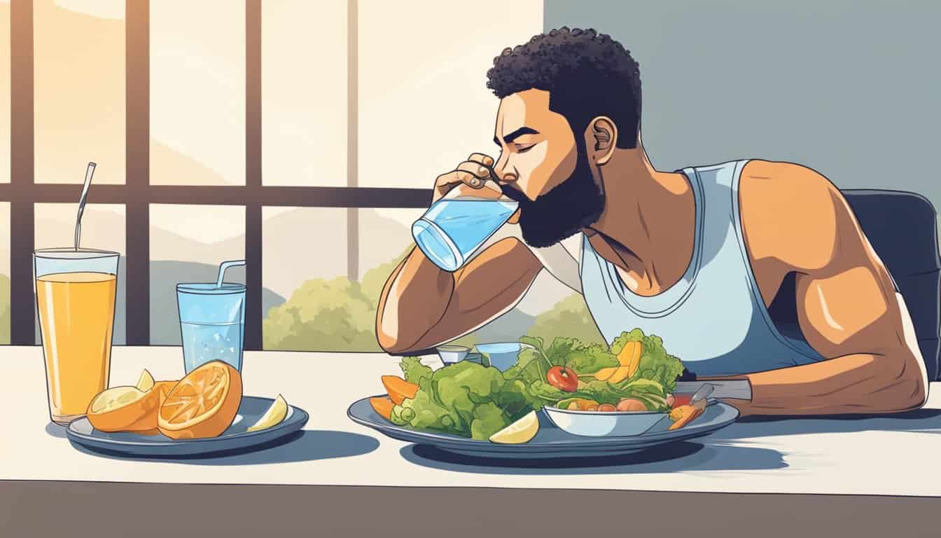 A person drinking water while eating a balanced meal after a run