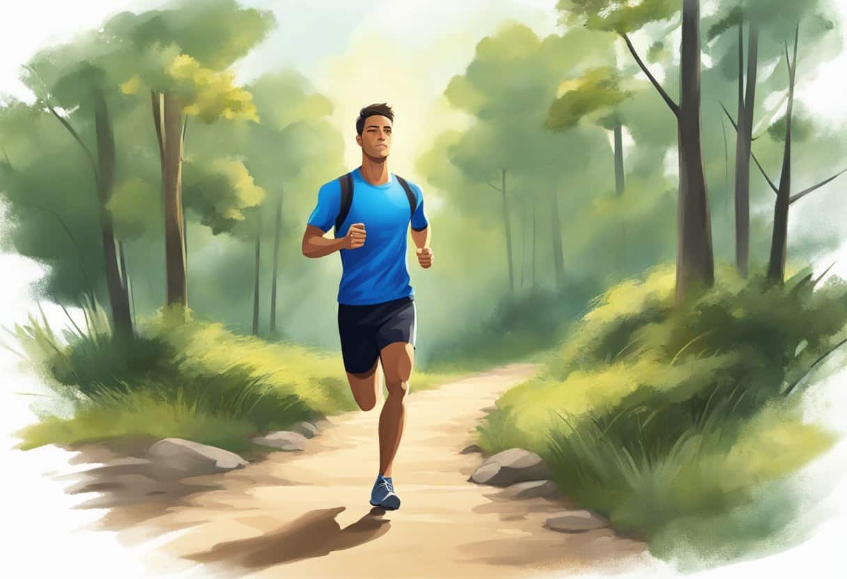 A runner stands on a peaceful trail, eyes closed, deep in mental preparation. The serene surroundings and focused energy create a sense of inner strength and determination