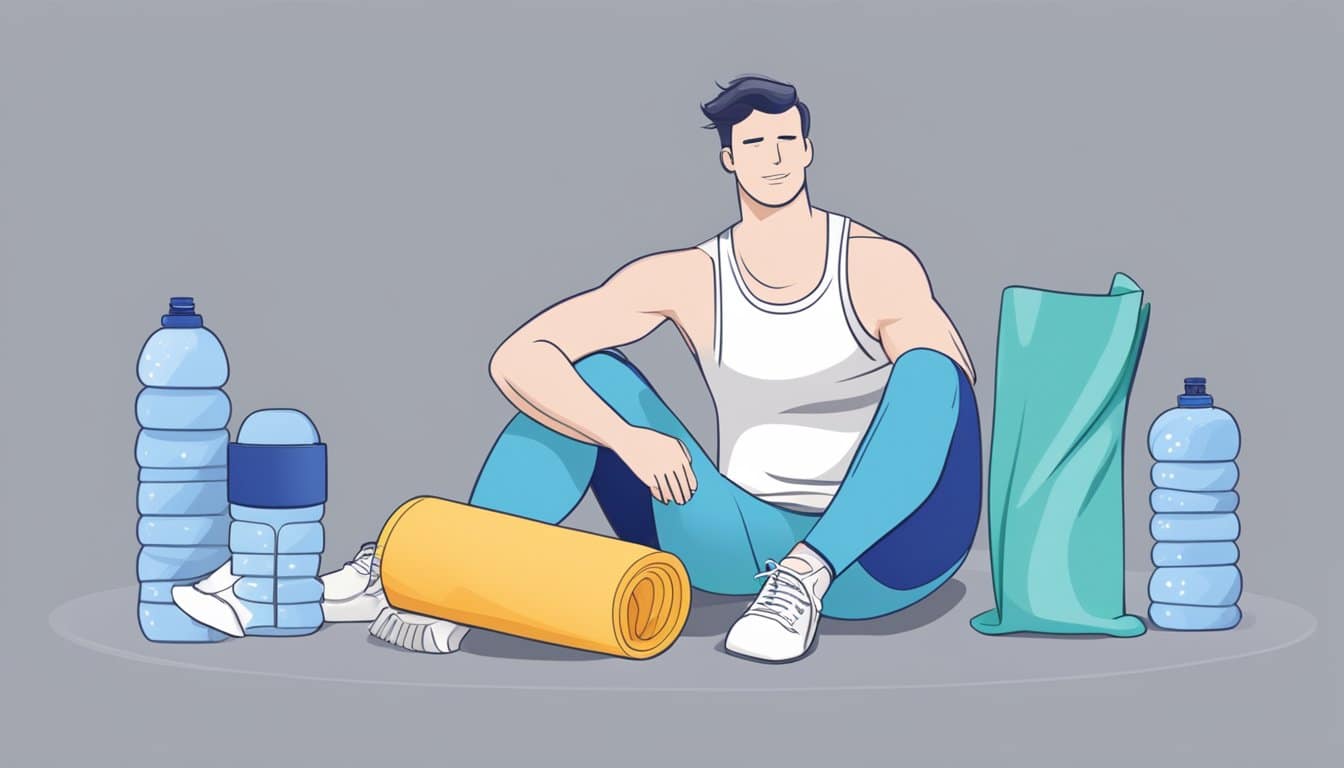 A person sits with an ice pack on their knee, surrounded by a foam roller, resistance bands, and a water bottle