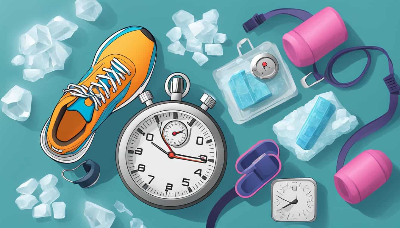 A stopwatch ticking beside a pair of running shoes, surrounded by ice packs and a physical therapy exercise band